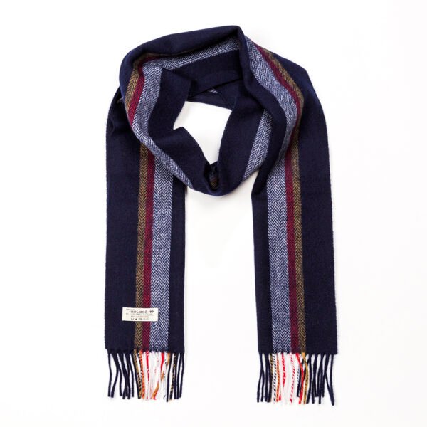 1916-Irish-Wool-Scarf-Long-Navy-Silver-Mustard-and-Red-Stripe-1