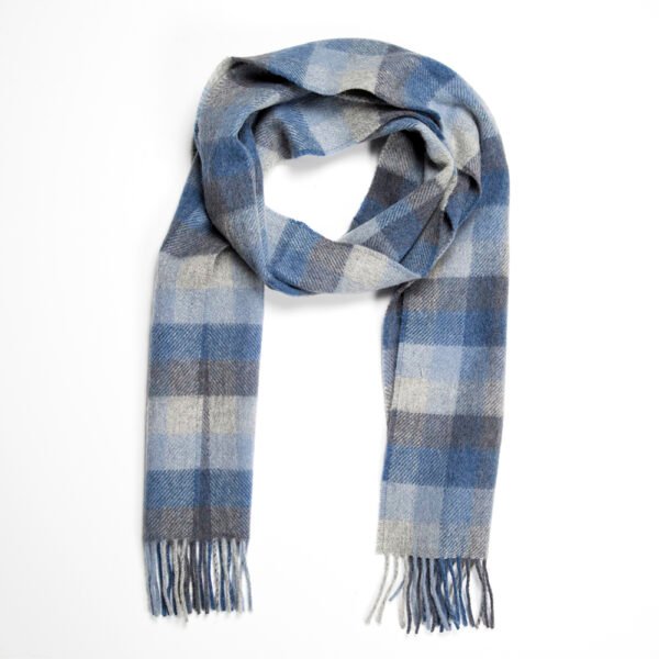 1967-Irish-Wool-Scarf-Long-Blue-Grey-Block-Check-1