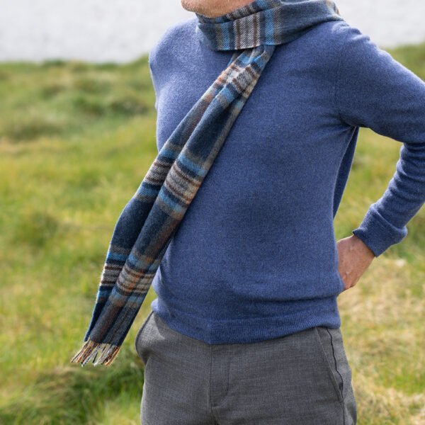 1974-Irish-Wool-Scarf-Navy-Orange-and-Denim-Check-3