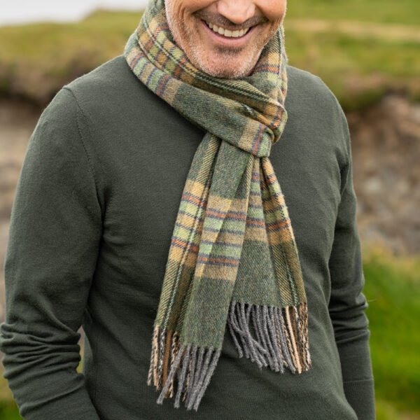 1979-Irish-Wool-Scarf-Long-Dark-Green-Mint-Mustard-Check-4