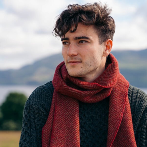 2413-Cashmere-Merino-Scarf-Olive-Maroon-Herringbone-2